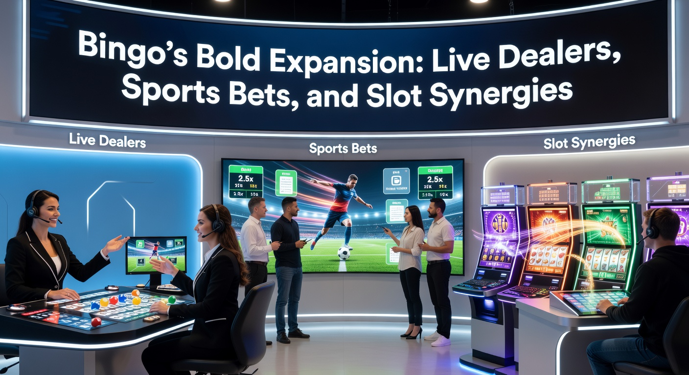 Vibrant online bingo interface blending live dealer action with colorful slot reels and sports betting odds in the background