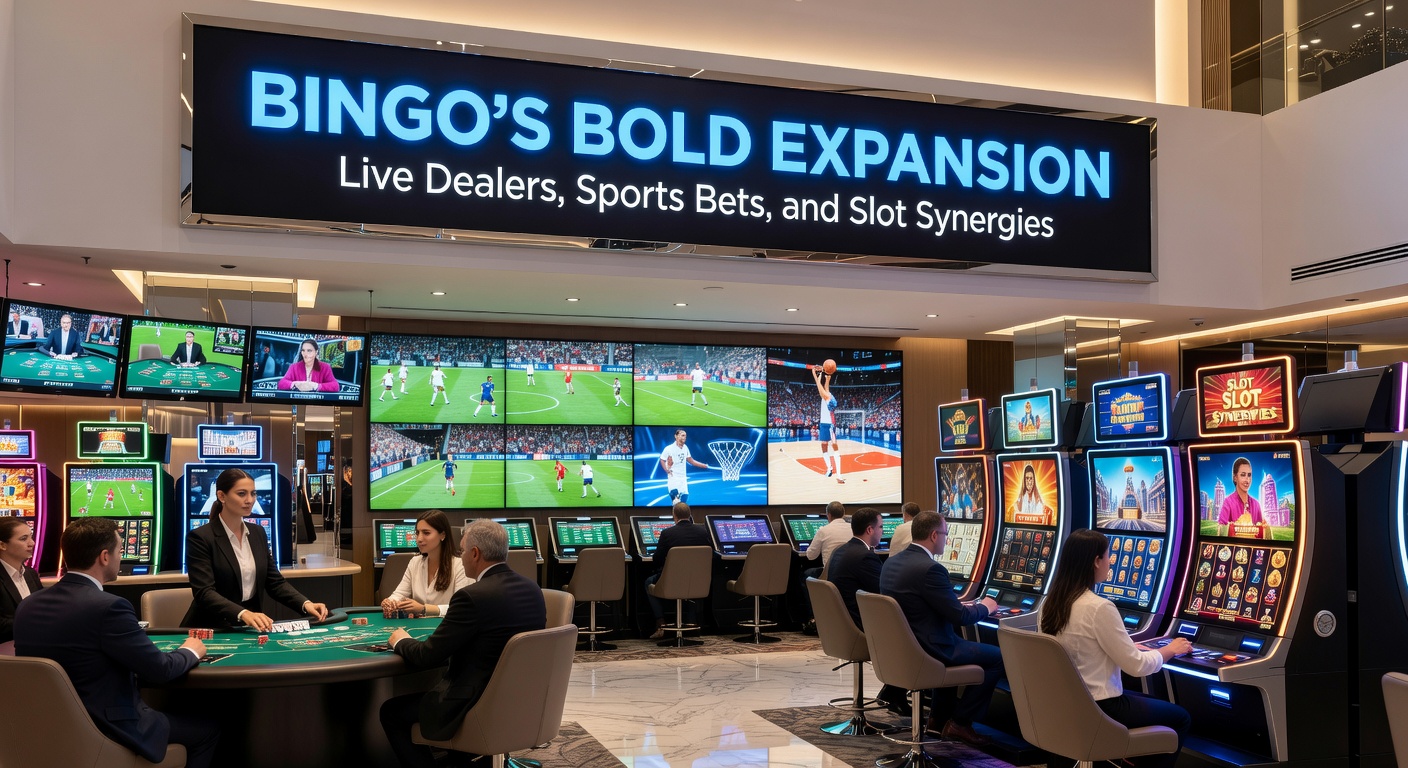 Dynamic screenshot of a bingo app showing live dealer calling numbers next to live sports odds and interconnected slot jackpot meters