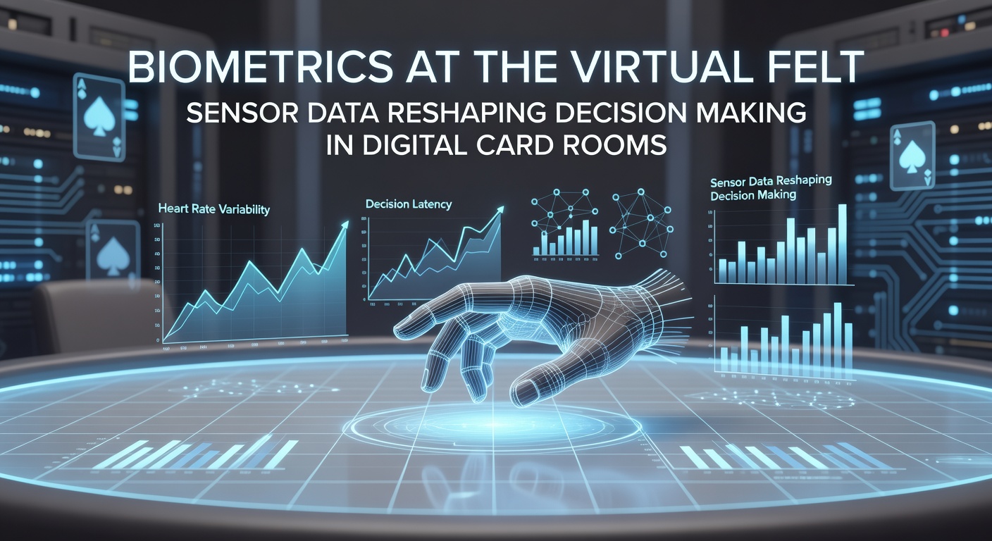 Biometric sensors integrated into virtual poker tables showing heart rate and facial tracking overlays