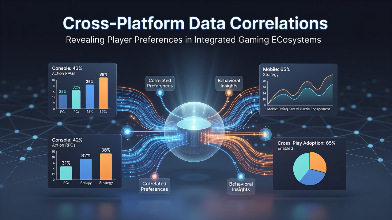 Visual representation of data streams merging across mobile, desktop, and console platforms in a gaming ecosystem