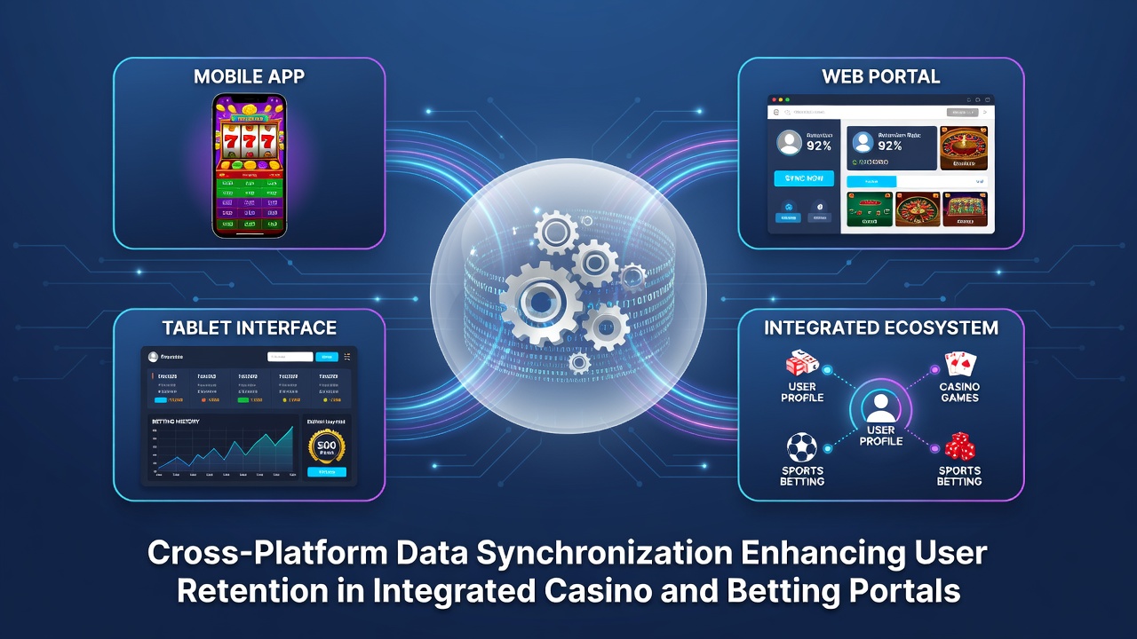 Illustration of cross-platform data synchronization connecting casino and betting interfaces on multiple devices