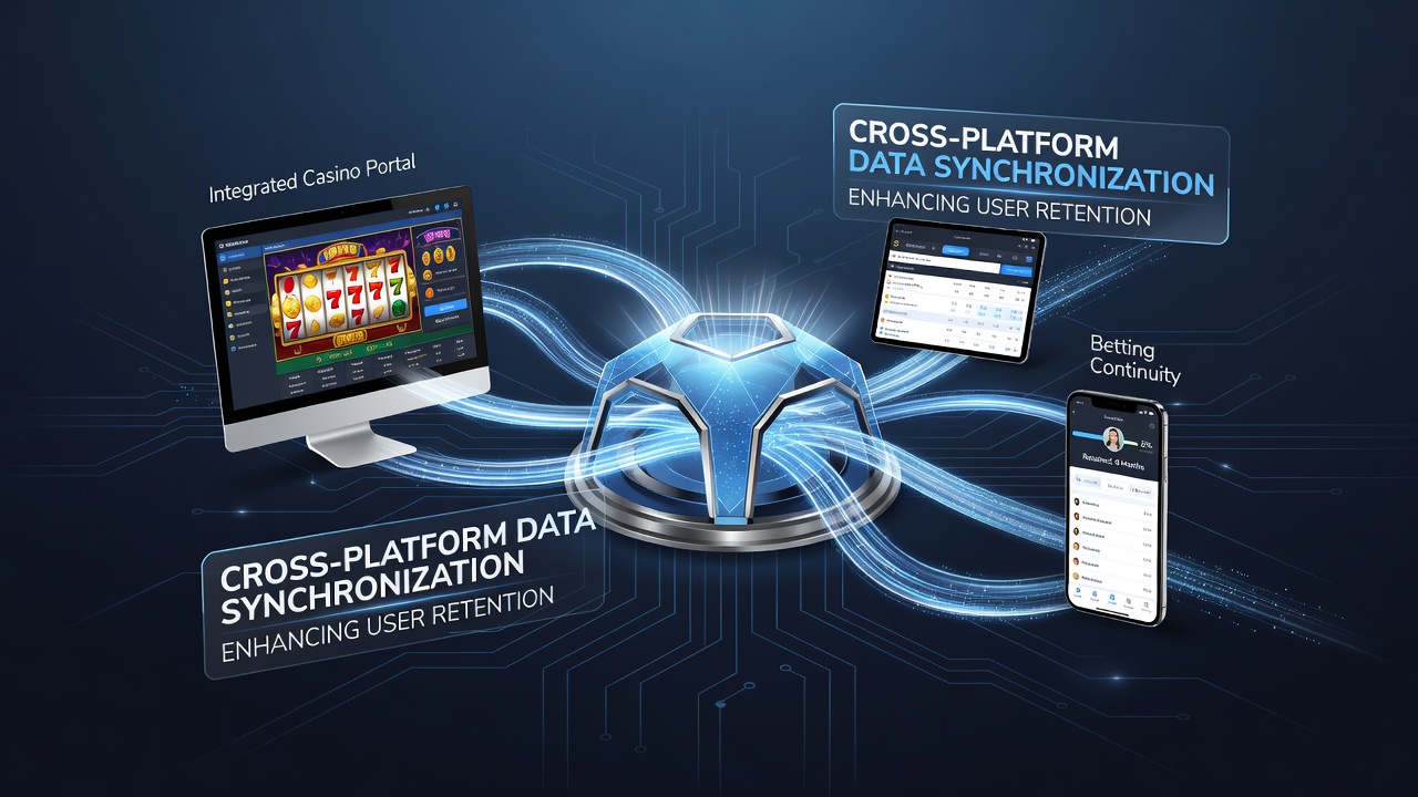 Data flow diagram showing synchronized casino and sports betting user sessions across devices