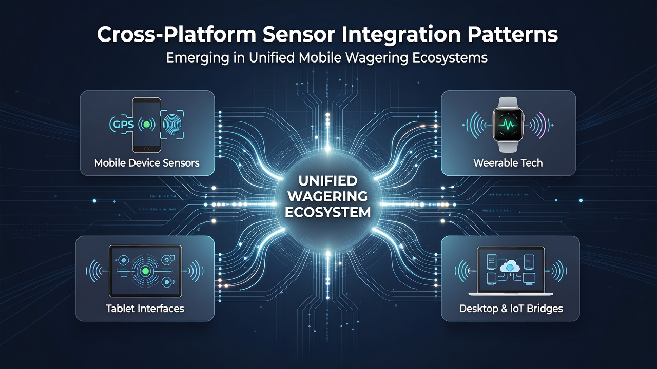 Illustration of mobile devices displaying integrated sensor data overlays for wagering platforms