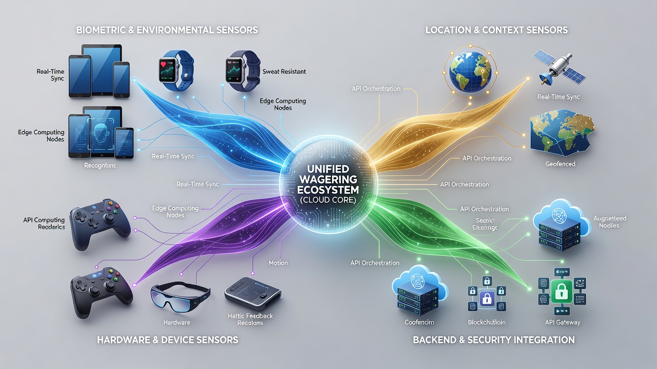 Diagram showing sensor data flow between smartphones, tablets, and cloud servers in a wagering environment
