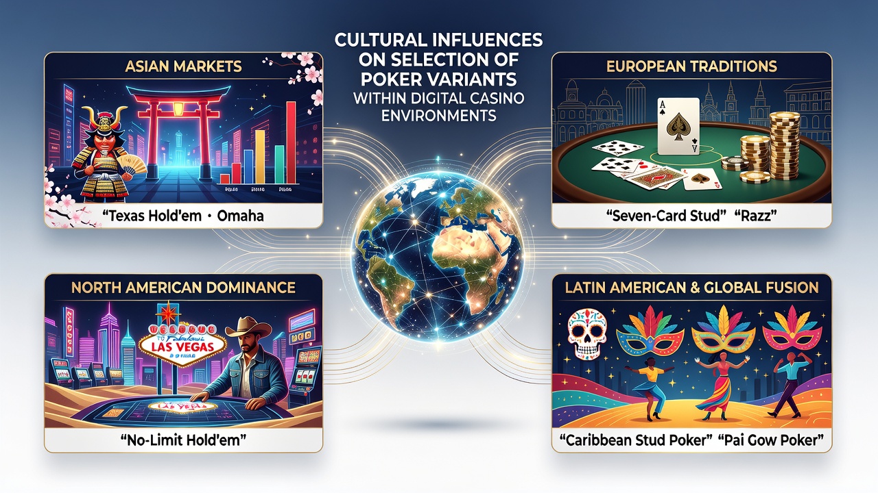 Global poker players at digital tables illustrating cultural influences on variant selection