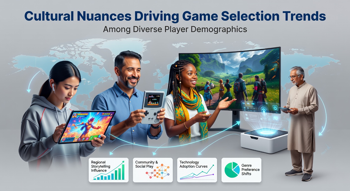 Diverse group of players engaging with different online games reflecting cultural preferences
