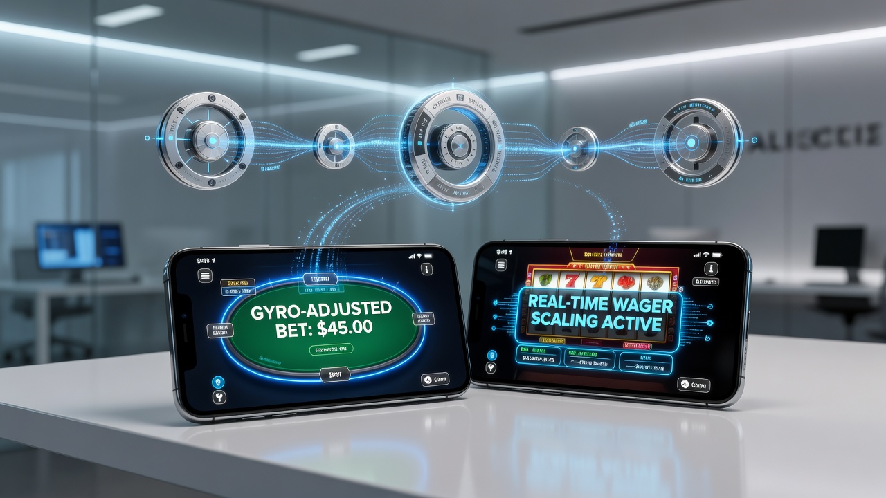 Close-up of mobile device tilted during active betting session with sensor overlay graphics