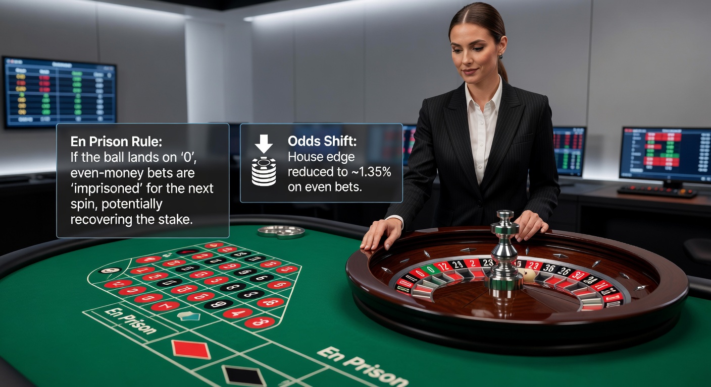 Close-up of En Prison rule in action on a French Roulette live dealer table, with chips under the marker and the wheel spinning
