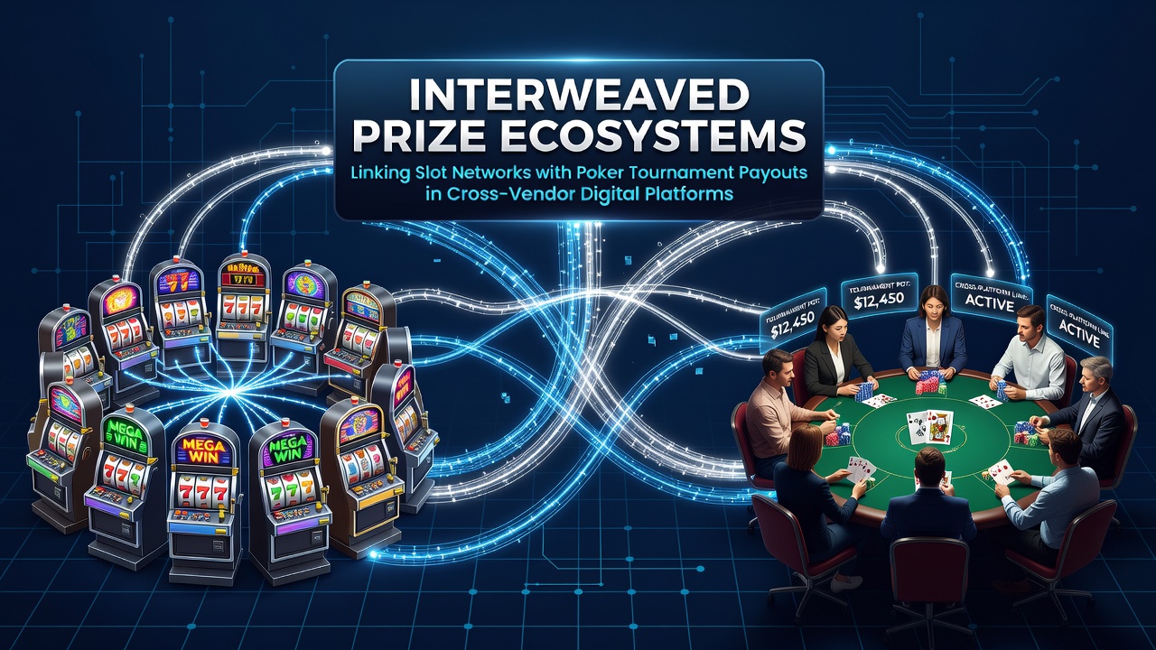 Digital platform interface showing interconnected slot and poker prize systems across multiple vendors