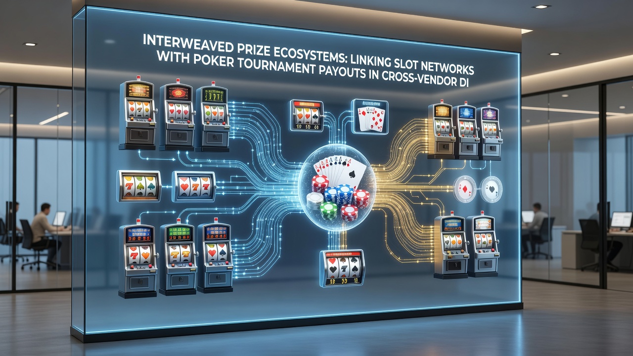Network diagram illustrating prize flow between slots and poker tournaments on cross-vendor platforms
