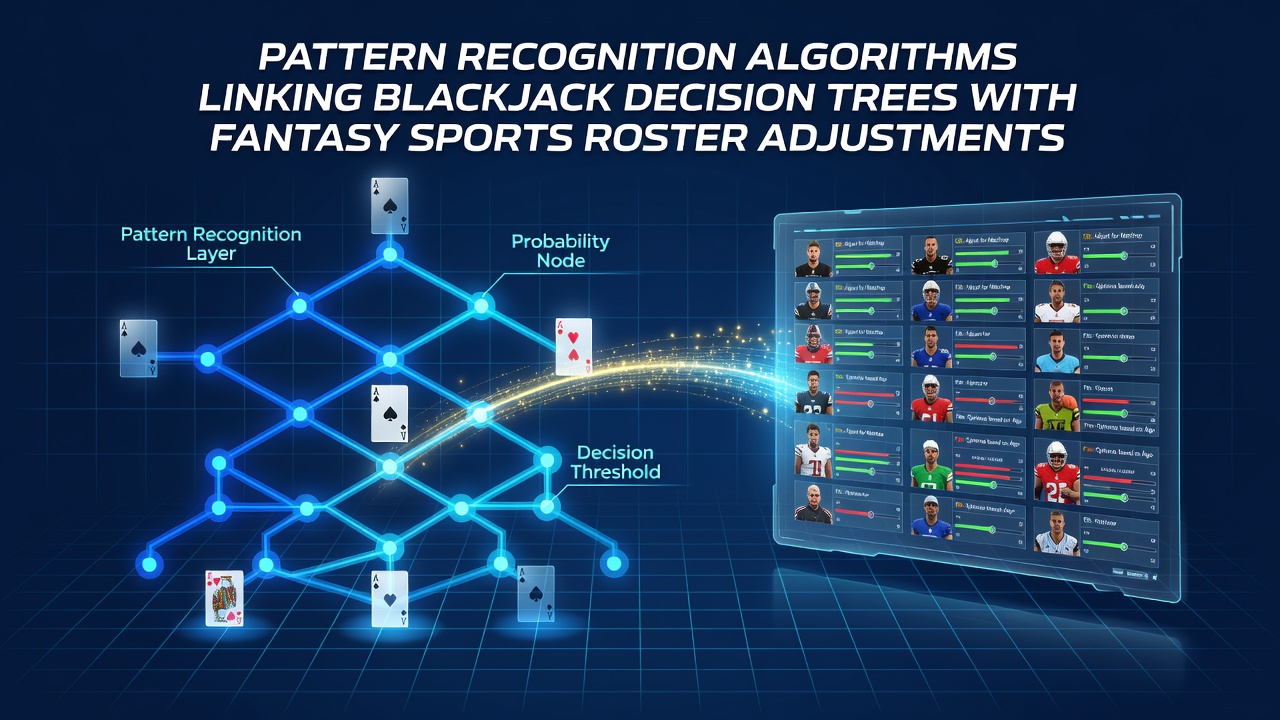 Illustration of pattern recognition algorithms connecting blackjack decision trees to fantasy sports roster adjustments