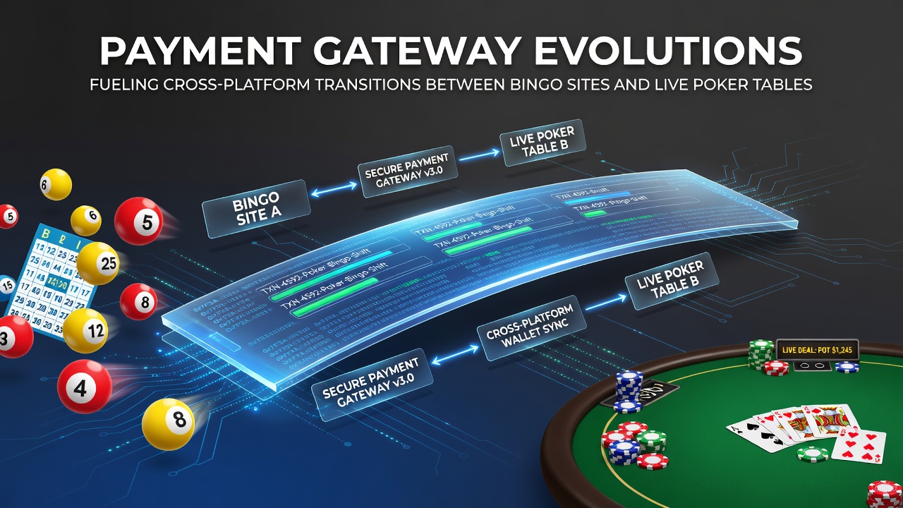 Illustration of digital payment flows connecting bingo halls adn poker tables across devices