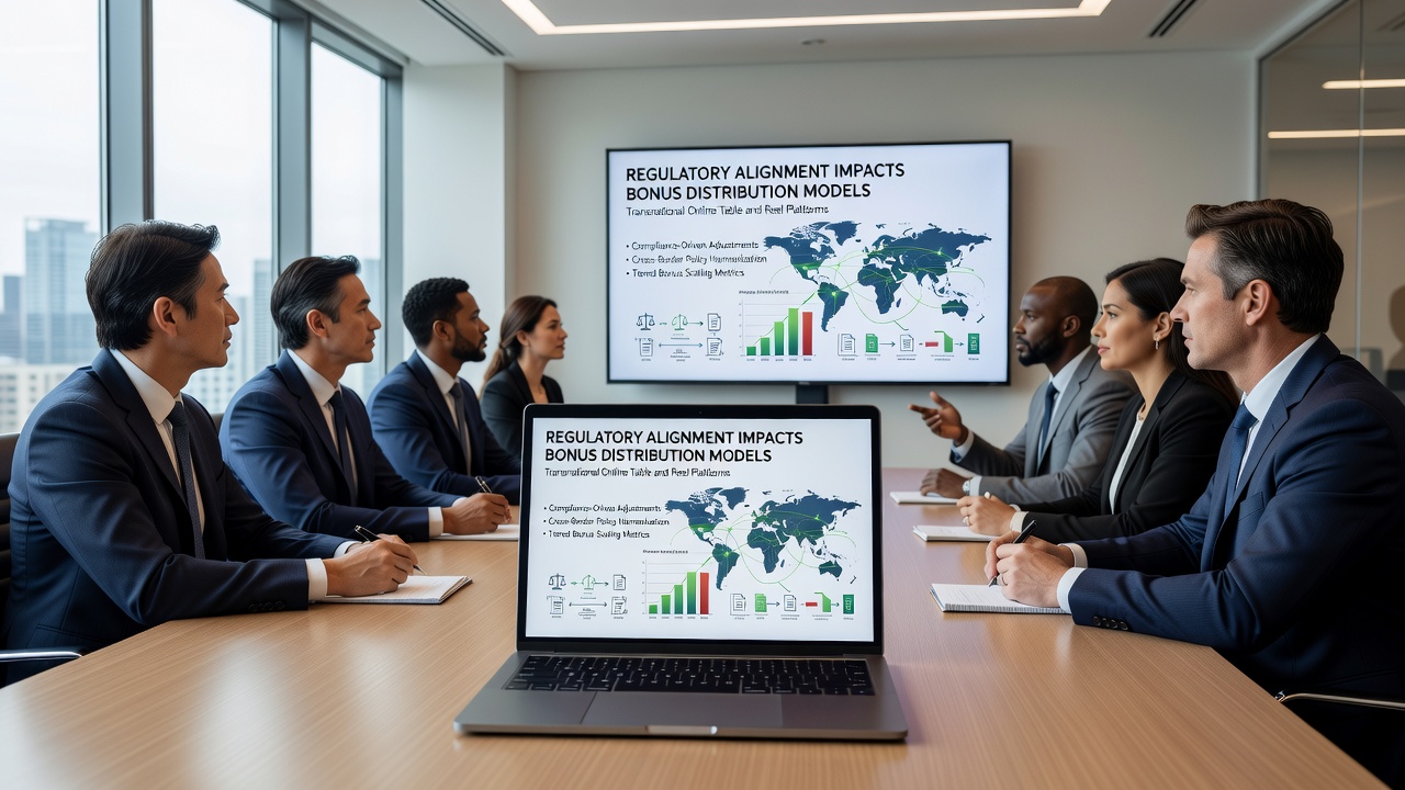 Analytics dashboard displaying bonus distribution metrics and regulatory compliance indicators for transnational gaming operators