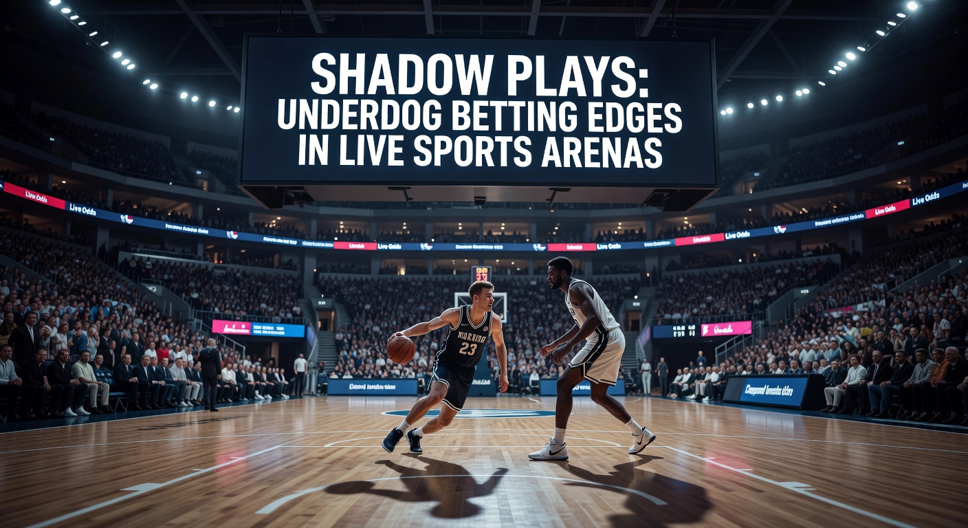 Vibrant live sports arena packed with fans, overlaid with dynamic betting odds favoring an underdog team during a tense moment