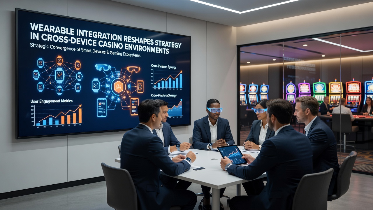 Wearable devices syncing with multiple casino platforms showing cross-device strategy adjustments